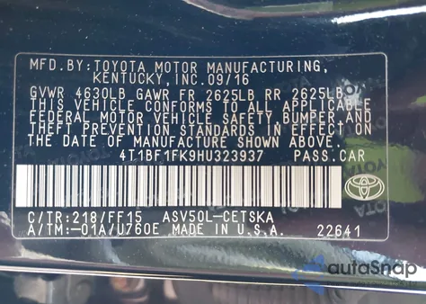 2017 Toyota Camry Se from USA, damaged, VIN 4T1BF1FK9HU323937